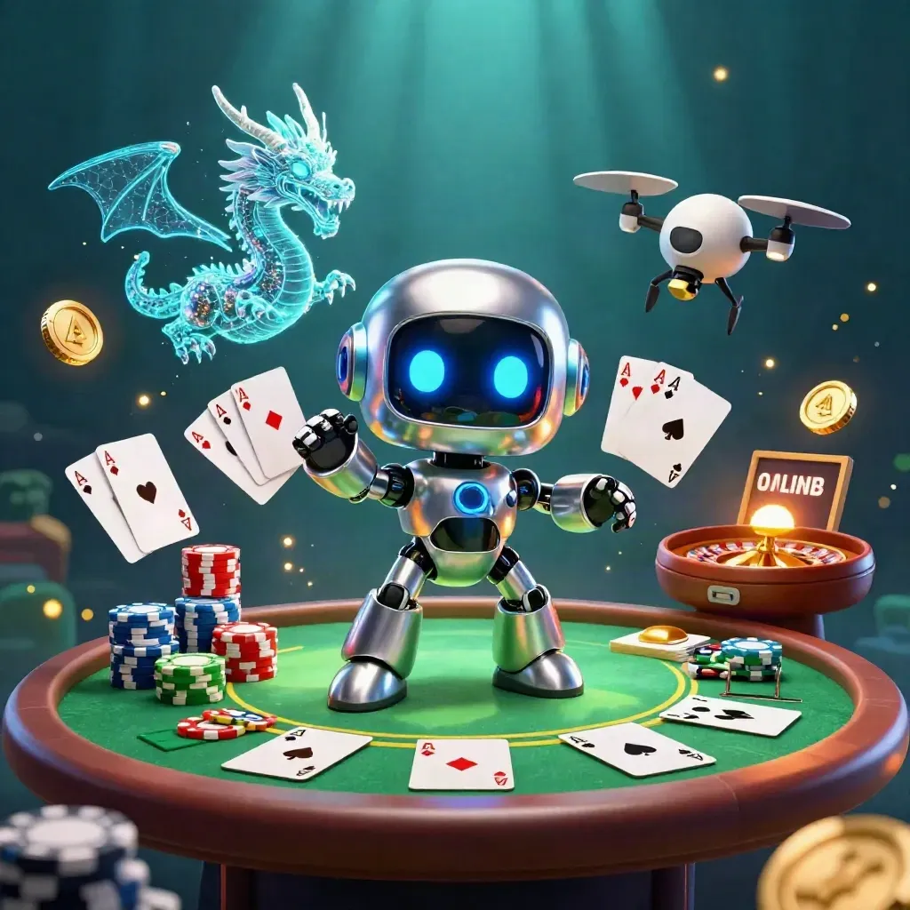 Cyberpunk robot, holographic dragon and coin drone amid casino cards, chips and gold light.