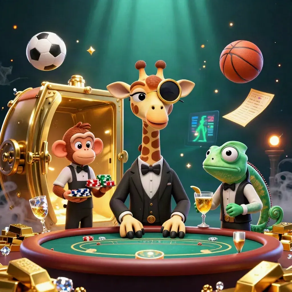 Giraffe, monkey and chameleon in a luxe casino vault scene with floating sports balls and teal glow