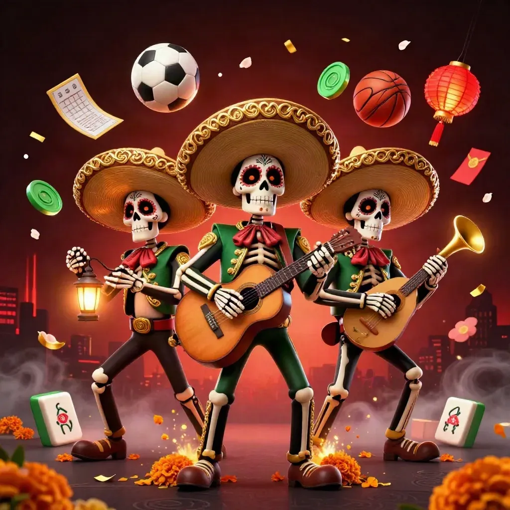 Day-of-the-Dead skeleton mariachi trio amid balls, coins, lanterns, petals, and casino glow
