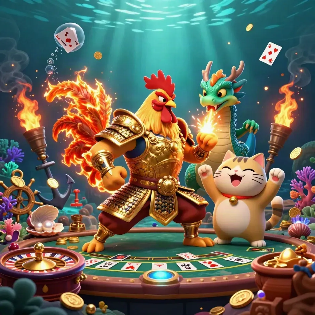 Rooster warrior, dragon hatchling, and fortune-cat in a glowing underwater casino cove.