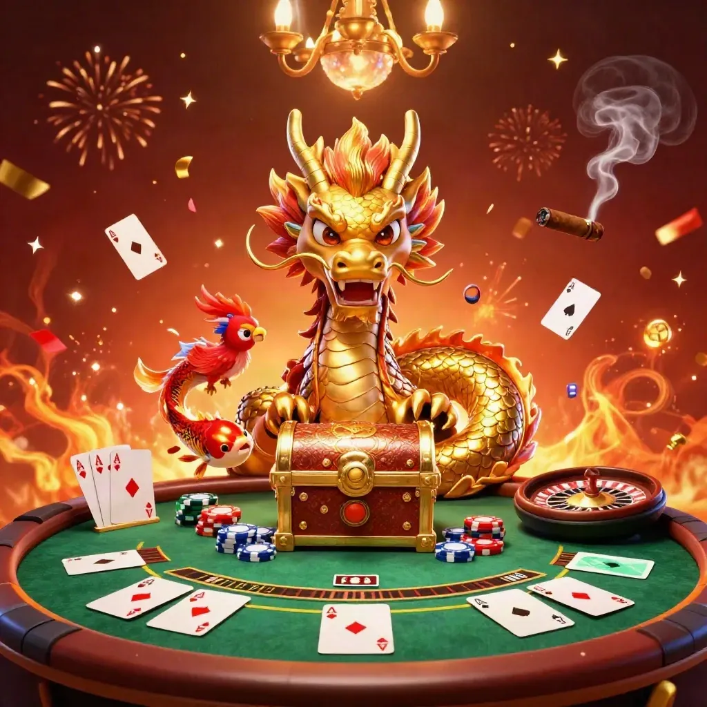 Golden dragon, phoenix and koi in a luxe casino glow with chips, cards and fireworks.