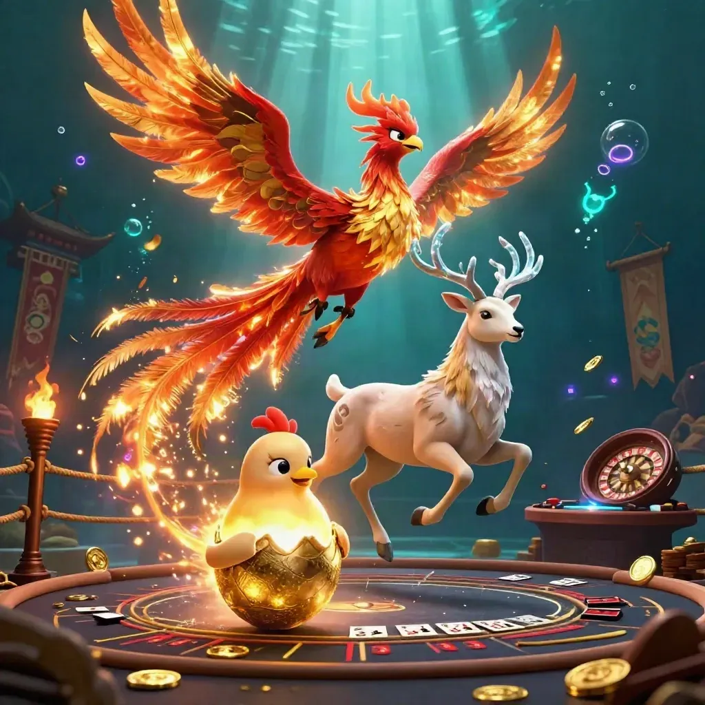 Fire phoenix, hatching chick, and crystal stag amid casino icons, underwater glow, and luxury lighting.