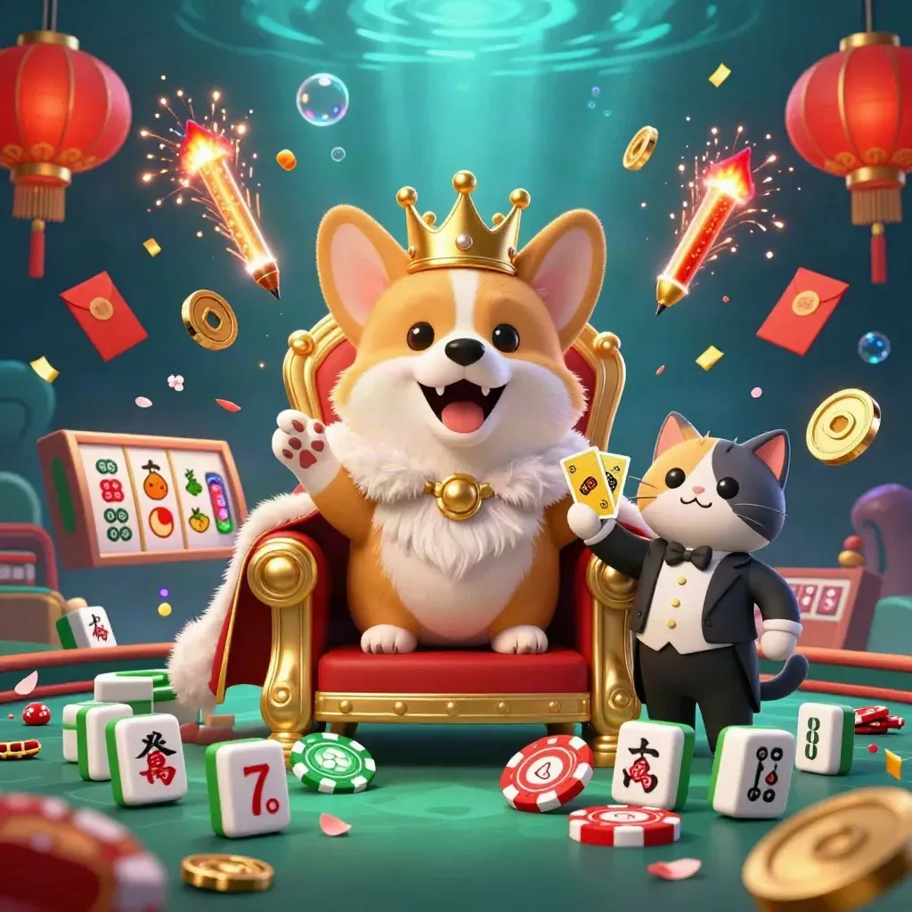 Royal corgi and cat butler amid casino treasures in a glowing underwater jackpot burst.