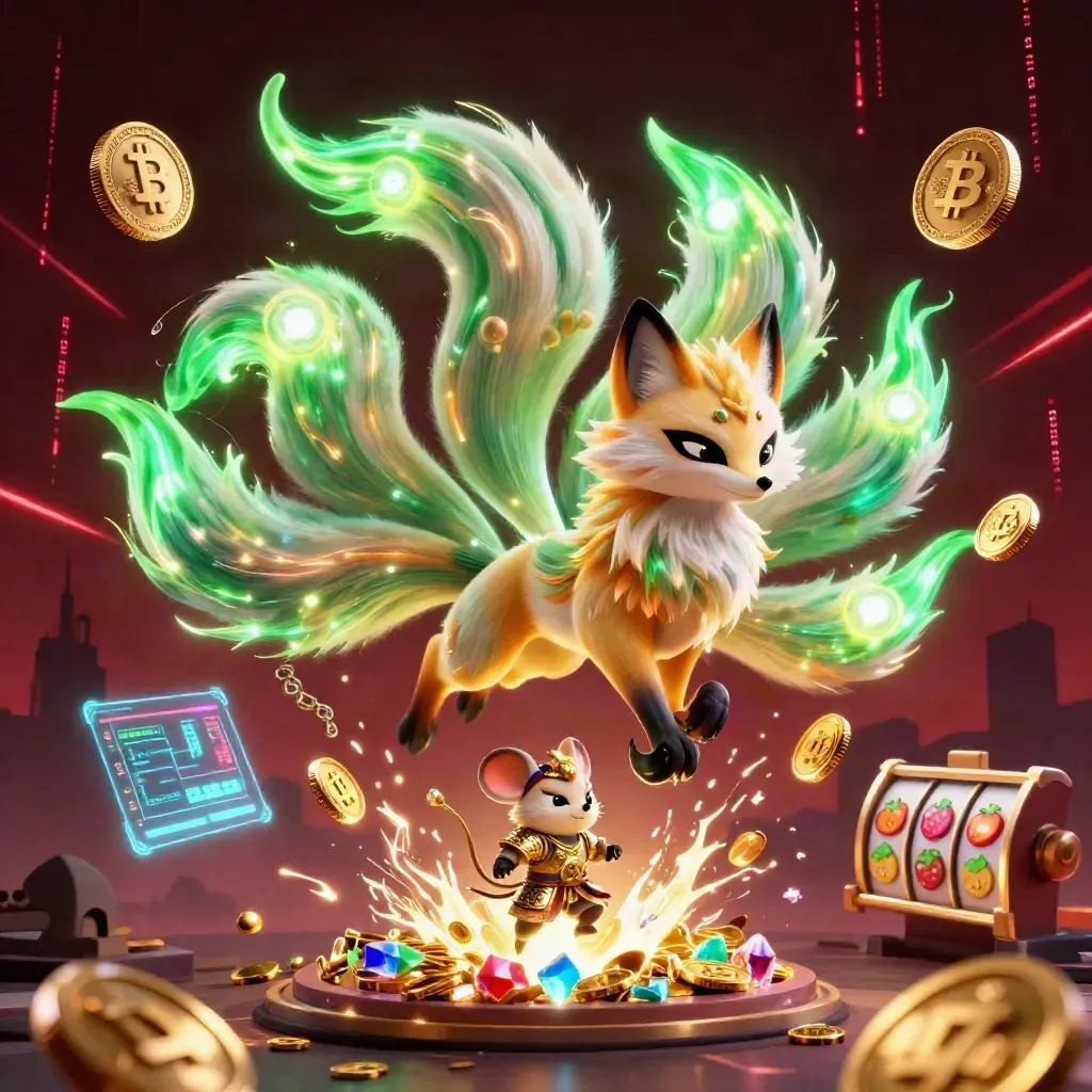 Neon fox spirit and golden mouse amid coins, gems, energy and casino magic.