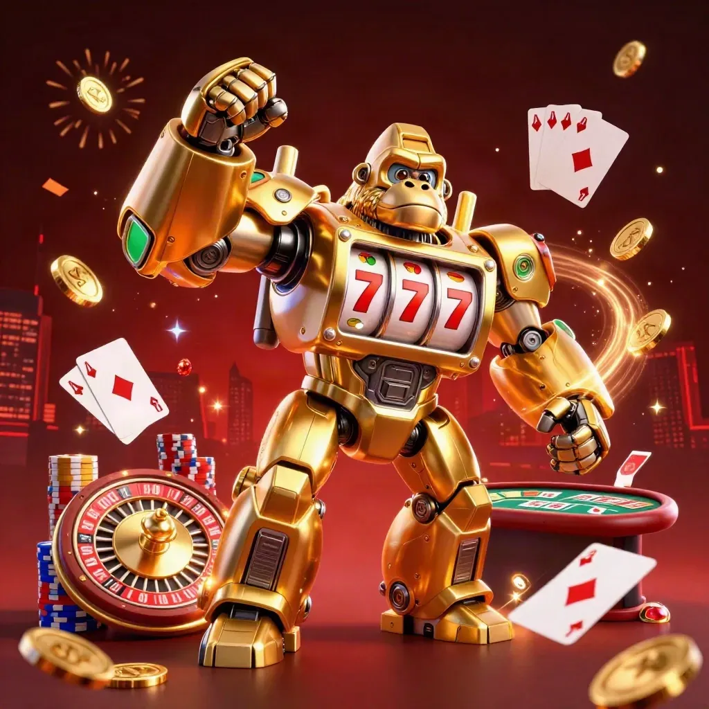 Golden gorilla mech with monkey pilot, coins, chips, cards and a spinning roulette wheel in a dark casino glow.