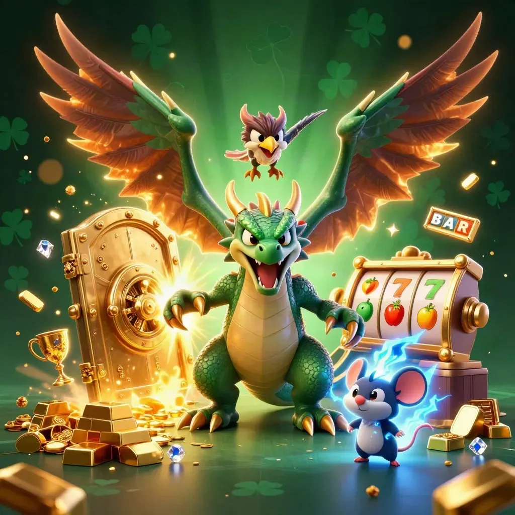Thunder dragon, wind hawk, and static mouse burst through a glowing treasure vault of gold and gems.